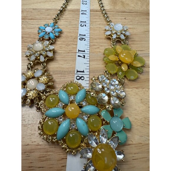 Floral Statement Necklace Yellow & Turquoise Beaded Design Gold Chain Adjustable - Picture 5 of 12
